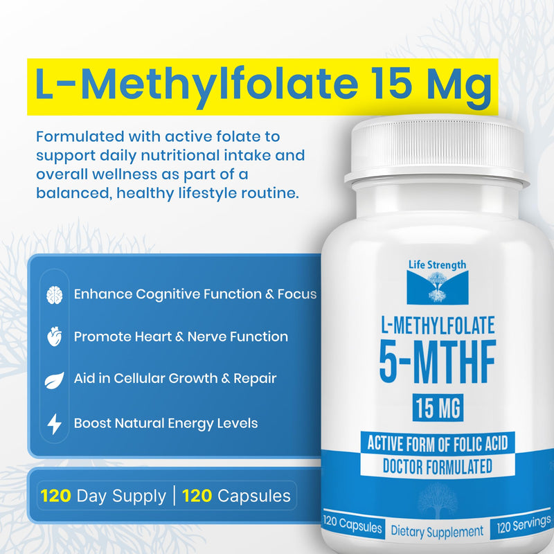 L-Methylfolate 15 MG 120 CAPSULESOptimized & Highly Bioactive Methyl Folate, 5-MTHF Supplement for Mood and Immune Support, Natural Diet Supplement for Energy, Non-GMO & Gluten-Free,