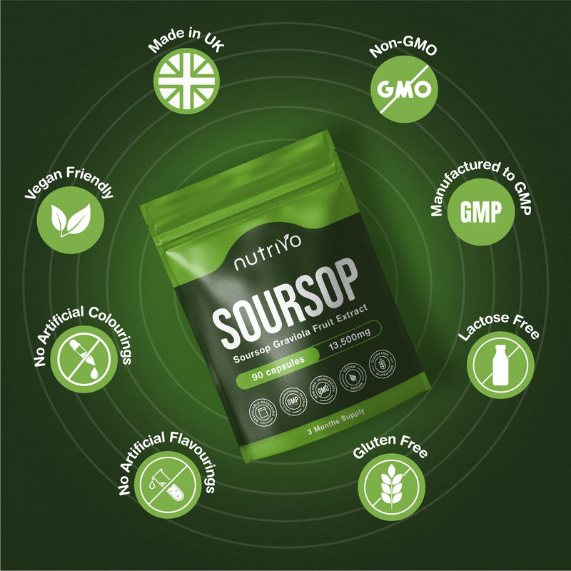 Soursop Graviola Capsules | 13,500mg Per Capsule | 90 Capsules Per Pouch - 3 Months Supply | One A Day | High Strength Soursop Supplement | Vegan & UK Made