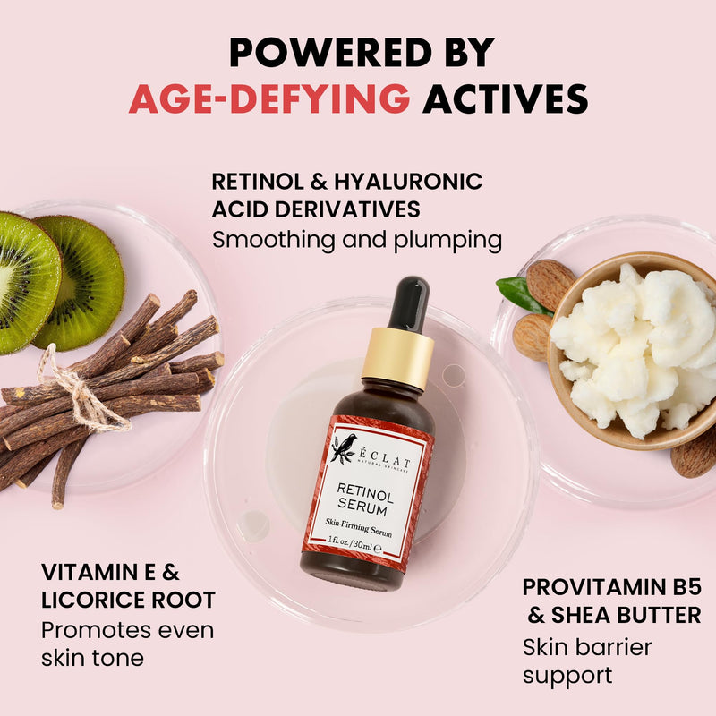 Eclat Skincare Retinol Serum + Hyaluronic Acid Serum Set – Anti Aging Retinol with Vitamin E + 2.5% Hyaluronic Acid with B5, Green Tea & Jojoba – Hydrating, Nourishing & Plumping Duo 1 fl oz each