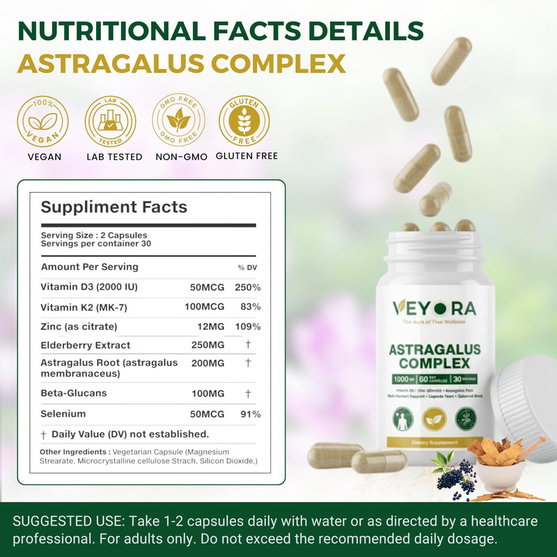 Astragalus Complex 1000 mg | 60 Vegan Capsules | Astragalus Root, Elderberry Extract, Beta Glucans, Vitamin D3, K2, Zinc & Selenium | Dietary Supplement | Non-GMO | Gluten-Free | Made for USA