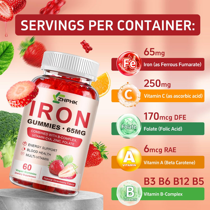 [Australia] - Iron Supplement Gummies, 65mg Iron and 250mg Vitamin C for Women Men Kids, Natural Vegan Iron Gummy with Vitamin A, B-Complex, Biotin, Zinc & Folate Energy Support & Immune Health, 60 Gummies Strawberry 60 Count (Pack of 1) 