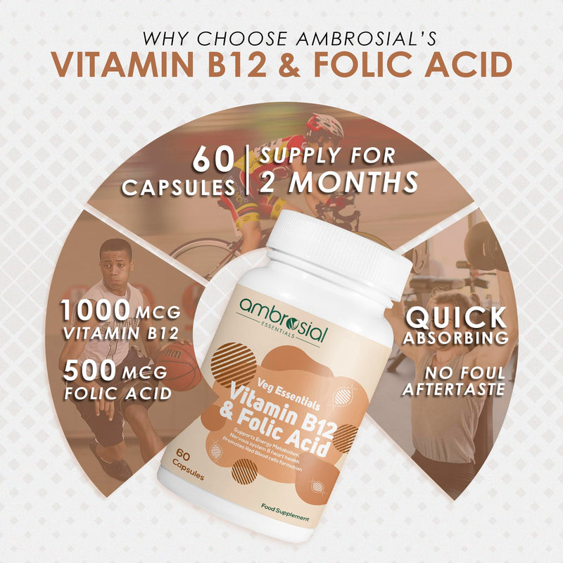 Ambrosial Vitamin B12 1000 mcg and Folic Acid 500 mcg | High Strength B12 (Cyanocobalamin) and Folic Acid Capsules | Vegan, Non-GMO, Easy to Swallow | Pack of 2-120 Capsules