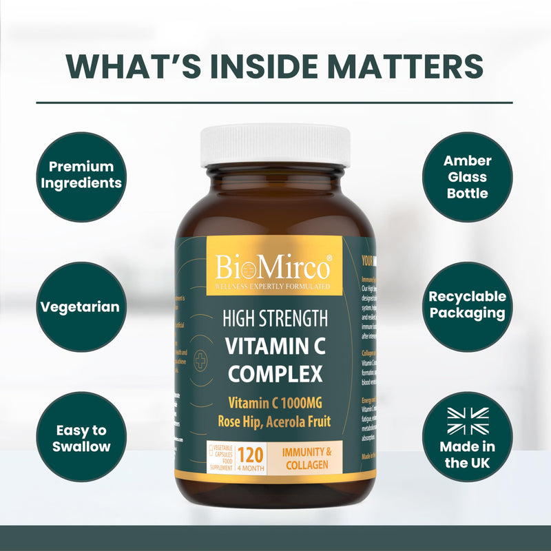 Vitamin C 1000mg Capsules, High Strength Supplement, Immune Support Vitamins, High Dose, Alternative to VIT C Powder/Tablets, Immunity Supplements, Rose Hip, Acerola Fruit, Complex, Made in The UK Vitamin C 120 Count