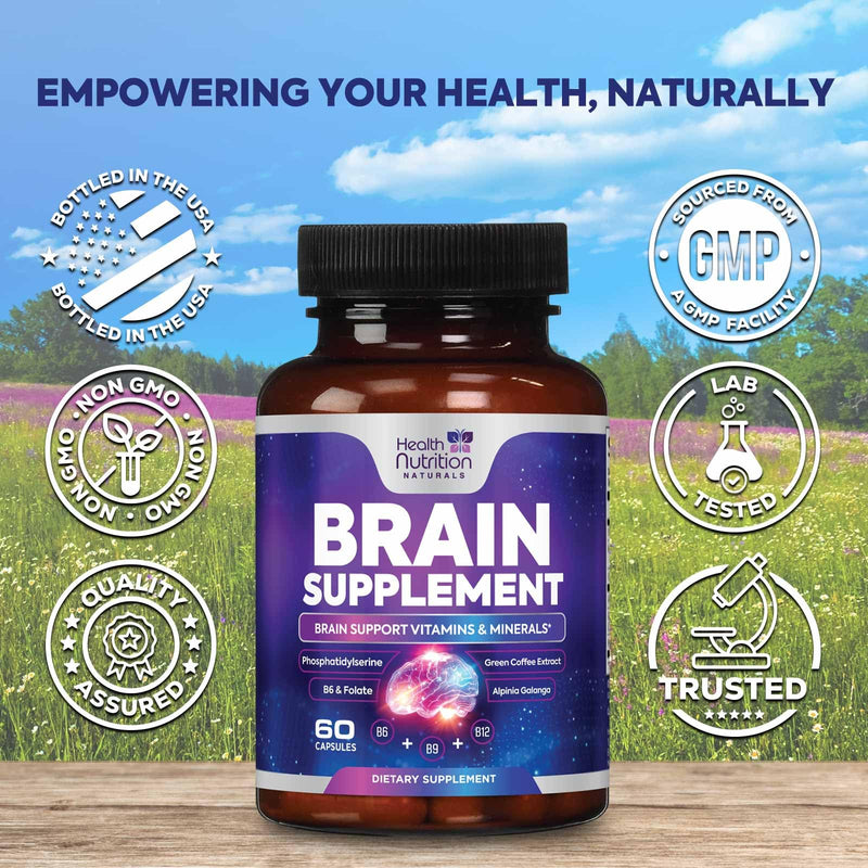 Brain Memory Supplement - 3X Strength Nootropics for Concentration, Clarity & Focus Support - Brain Health Cognitive Vitamins B6 & B12 with Phosphatidylserine & Folate, Brain Booster, 60 Capsules 60 Count (Pack of 1)