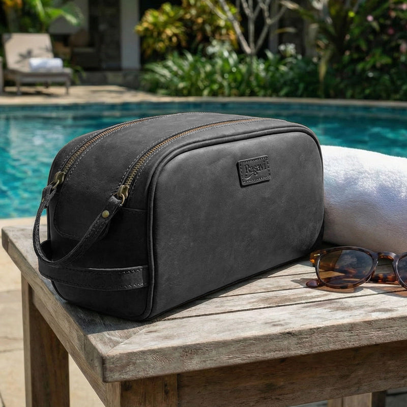 Rasavi Genuine Leather Travel Toiletry Bag, Handcrafted Vintage Water-Resistance Dopp Kit, Large Shaving & Bathroom Organizer - Gift for Men & Women - Black