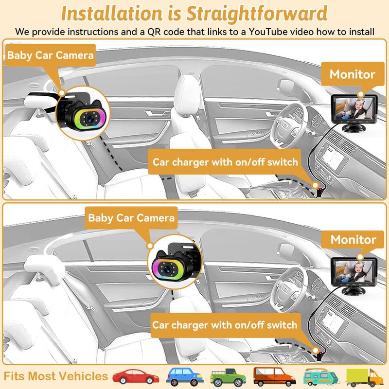 [Australia] - Baby Car Camera for Backseat – HD 1080P, 150° Wide Angle, Night Vision, Easy Installation, Adjustable LED Light, 4.3” LCD Display, Anti-Glare Black-Standard 