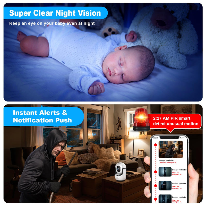[Australia] - 2K Pan/Tilt Security Camera, WiFi Indoor Camera for Home Security with AI Motion Detection, Baby/Pet Camera with Phone App, Color Night Vision, 2-Way Audio, 24/7, Siren, TF/Cloud Storage White-2.4G 