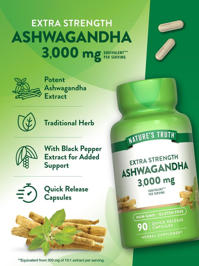[Australia] - Nature's Truth Ashwagandha Capsules | 3000mg | 90 Count | Extra Strength | with Black Pepper | Non-GMO & Gluten Free Supplement 90 Count (Pack of 1) 