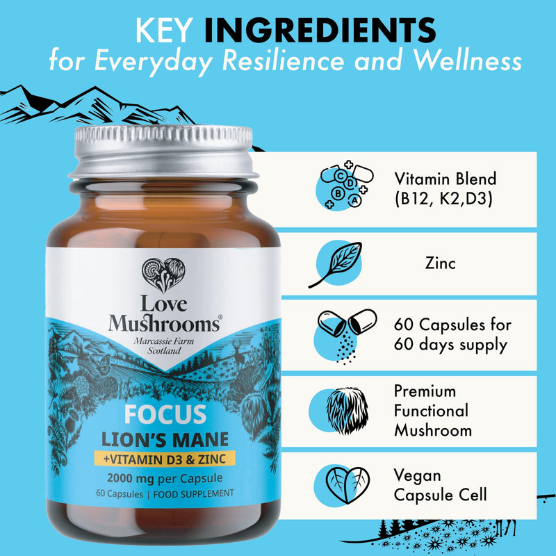 Lion’s Mane Plus Vitamin D3 & Zinc Capsules | Cognitive Support, Immunity Boost, Energy & Vitality | 60 Capsules, Vegan, Made in UK