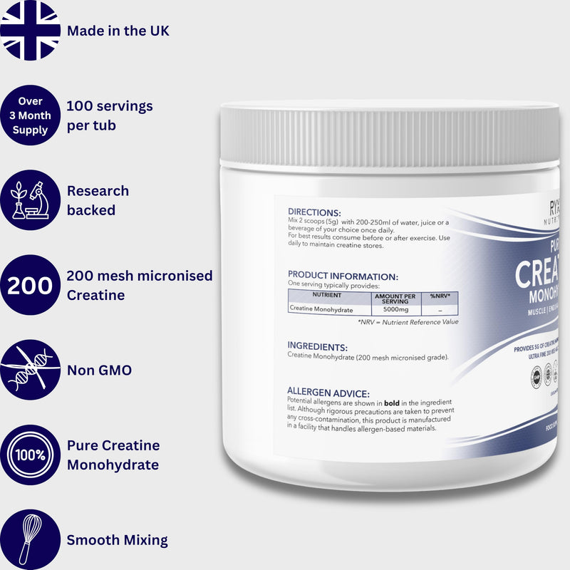 RYXX Pure Creatine Monohydrate 500g | 5g Per Serving | Micronised Unflavoured Creatine Powder for Strength Training, Gym & High Intensity Performance | 100 Servings