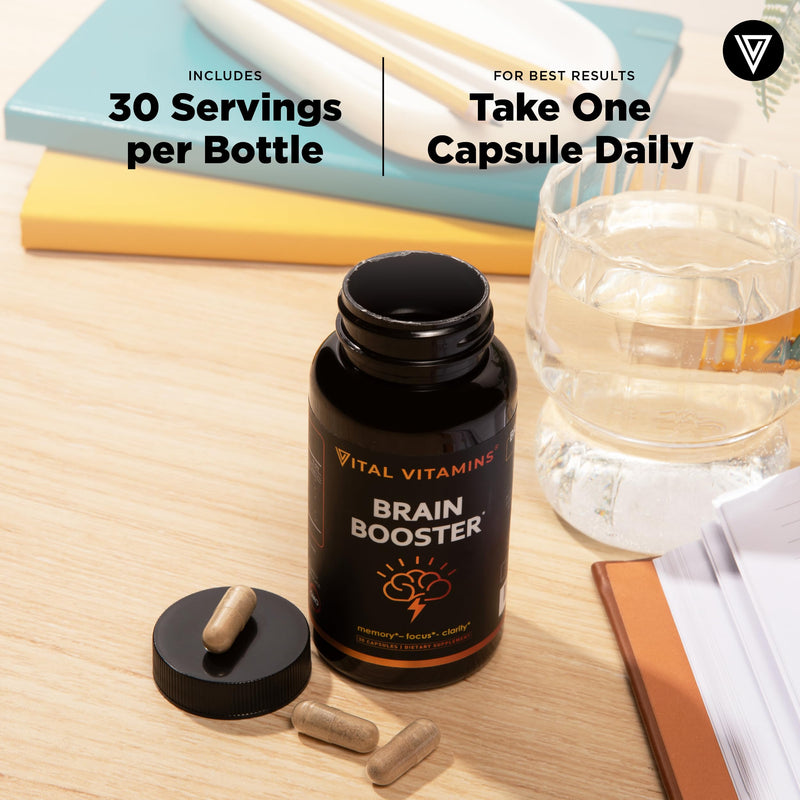 Vital Vitamins Brain Booster Supplements for Memory and Focus, 30 Capsules | Brain Health Support for Adults and Seniors with Bacopa Monnieri & Ginkgo Biloba, Non-GMO, Caffeine-Free & Stimulant-Free 30 Count (Pack of 1)