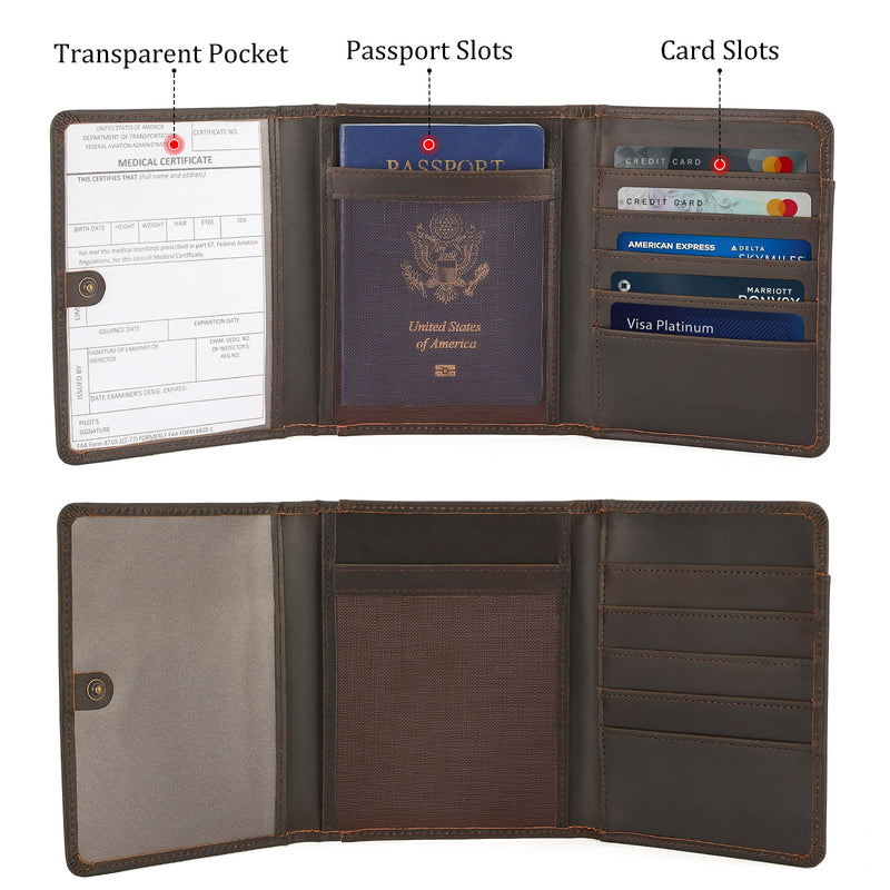 Polare Full Grain Leather Pilot Wallet Passport Holder RFID Blocking Trifold Wallet for Men Travel Cover Document Organizer for Aviation Professionals Dark Brown