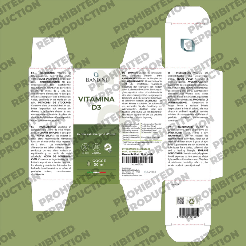 Bandini® Vitamin D3 Drops - 2000 IU per Drop | Liquid Vitamin D Supplement in Extra Virgin Olive Oil | Supports Normal Bones, Teeth and Immune System | High Bioavailability | 30ml - 840 Drops