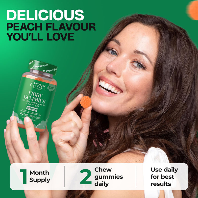Fibre Gummies – 4g High Fibre Supplements | Gut Health & Digestion System Support | Vegan, Gluten-Free, Sugar-Free | Inulin, Calcium, Vitamin D3, B6 & Folic Acid | 1 Month Supply | Peach Flavour