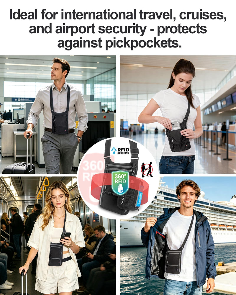 Travel Neck Wallet, RFID Blocking Passport Holder, Secure Dual Strap | Easy to Conceal Travel Pouch, Concealed Travel Wallet for Men, Women & Family, Water Resistant GRAY