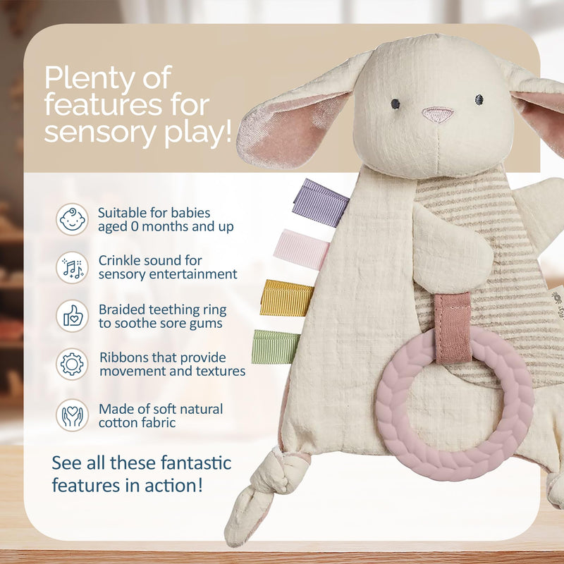 [Australia] - Itzy Ritzy - Bitzy Crinkle Sensory Toy Bunny with Crinkle Sound for Babies & Toddlers - Features Soft Braided Teething Ring & Textured Ribbons, Designed for Ages 0 Months and Up, Bunny 
