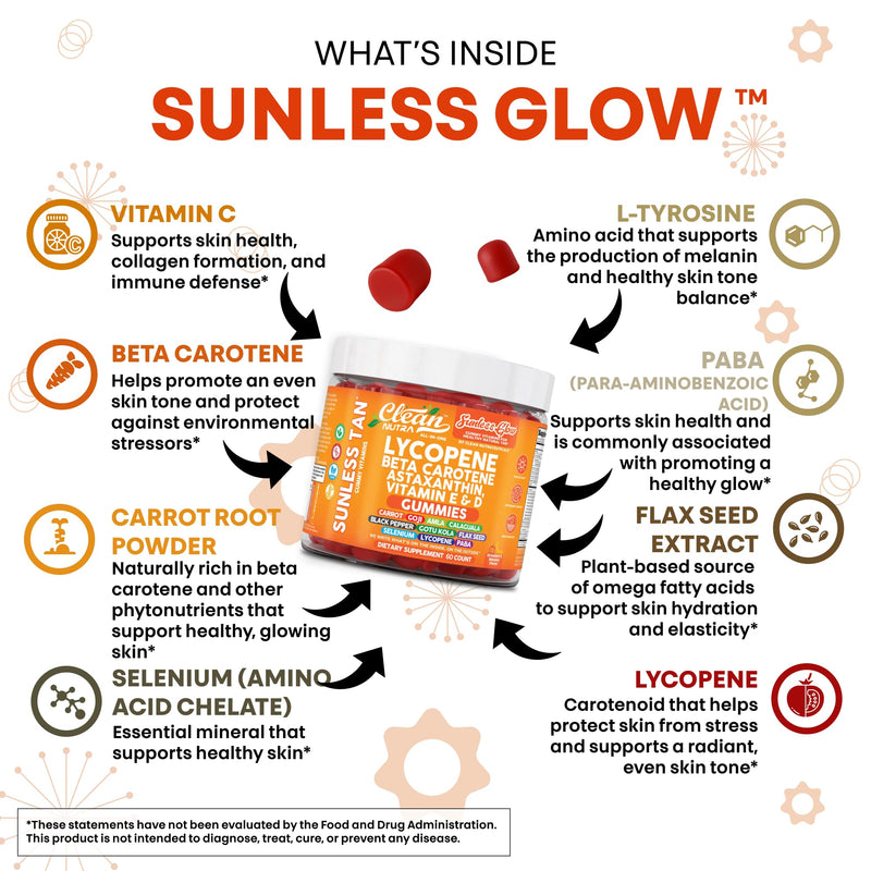[Australia] - Clean Nutra Sunless Glow Gummies with Lycopene, Beta Carotene, Astaxanthin, Vitamin E and D - All-in-One Gummy Supplement for Daily Routine - 60 Count, Vegan, Non-GMO, Pectin-Based, Gluten-Free 