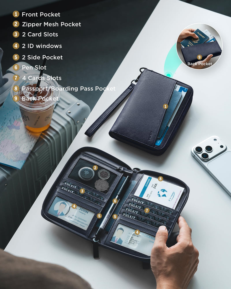 VULKIT Leather Passport Wallet RFID Blocking with Wrist Strap, Travel Document Organizer - 6 Credit Card Slots, 2 Interior + 2 Exterior Passport Slots, 2 ID Windows, Zipper Closure, Dark Blue