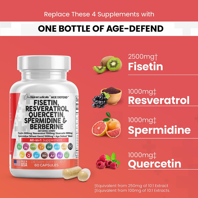 [Australia] - Clean Nutraceuticals Fisetin 2500mg Quercetin 1000mg Resveratrol 1000mg with Spermidine Wheat Germ Extract 1000mg - Health Supplement for Adults Longevity with Berberine, Collagen, Rhodiola, Apigenin 