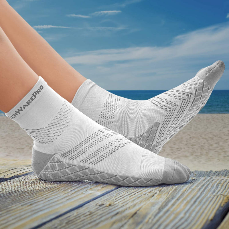 TechWare Pro Plantar Fasciitis Socks – Cushion Ankle Compression Socks Women & Men. Achilles Tendonitis Brace & Arch Support Medium White / Gray