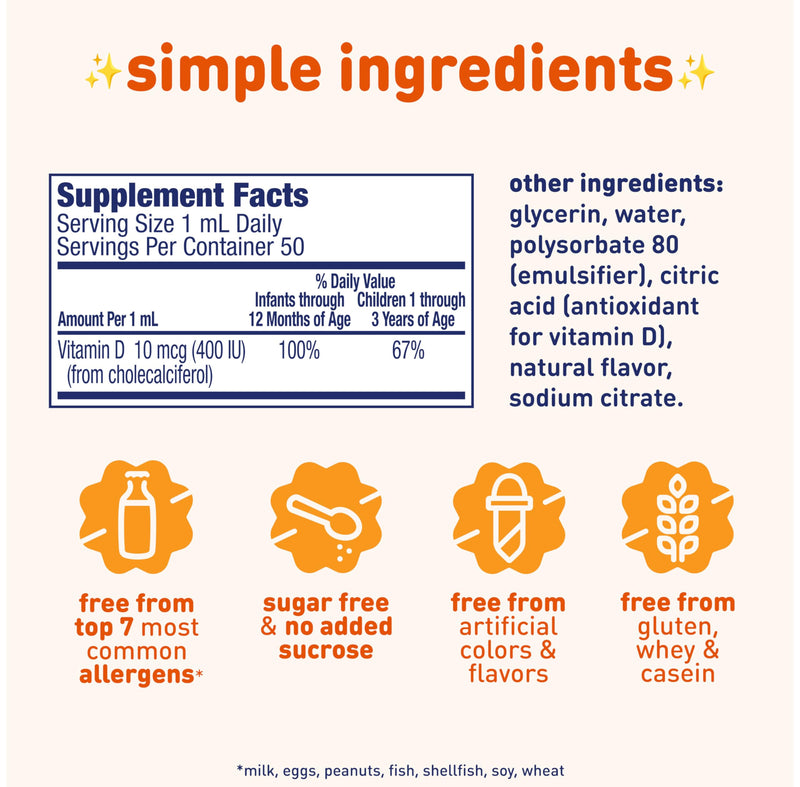 Enfamil Baby Vitamin D-Vi-Sol Liquid Supplement Drops for Infants, Supporting Strong Teeth & Bones in Newborn Babies, Easy-to-Use, Gluten-Free, 50 Day Supply, Dropper Bottle 1.69 Fl Oz (Pack of 1)