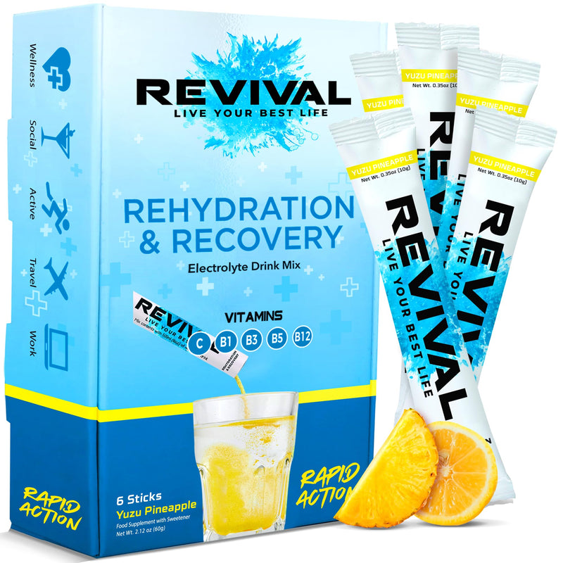 Revival Rapid Rehydration, Electrolytes Powder - High Strength Vitamin C, B1, B3, B5, B12 Supplement Sachet Drink, Effervescent Electrolyte Hydration Tablets 6 Pack Yuzu Pineapple Flavours 6 Servings (Pack of 1)