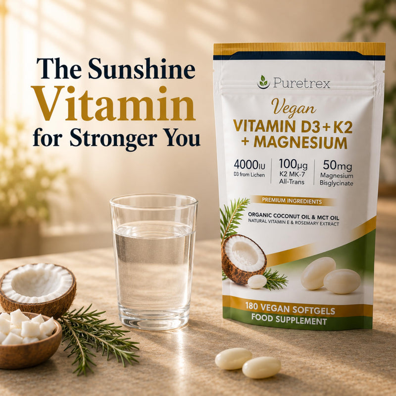 Puretrex Vegan Vitamin D3 K2 Magnesium 180 Softgels Made in UK – 4000IU Vitamin D (Lichen) with K2 MK7 100µg and Magnesium Bisglycinate, Immune Bone Support, Coconut MCT High Absorption Formula