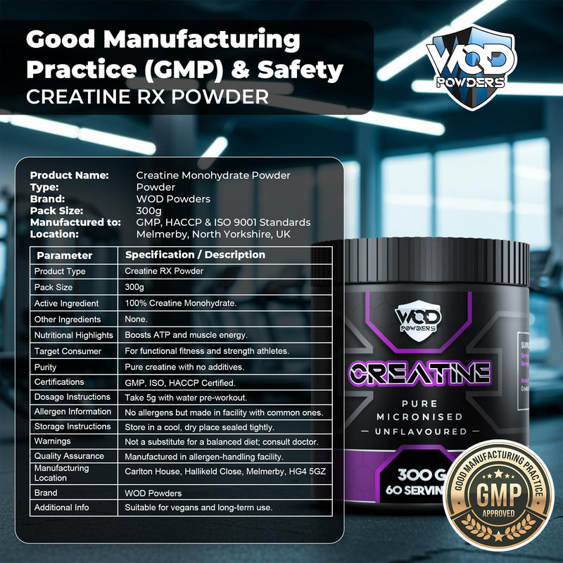 Creatine Monohydrate Powder 300g – Micronised Creatine | Proven to Improve Physical Performance and Recovery | Suitable for Vegans, Unflavoured, Scoop Included - Made in The UK by WOD Powders