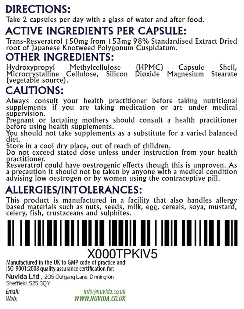 Nuvida Resveratrol Capsules - 90 High Strength Trans-Resveratrol Targeted Release Capsules - Premium Antioxident Supplement