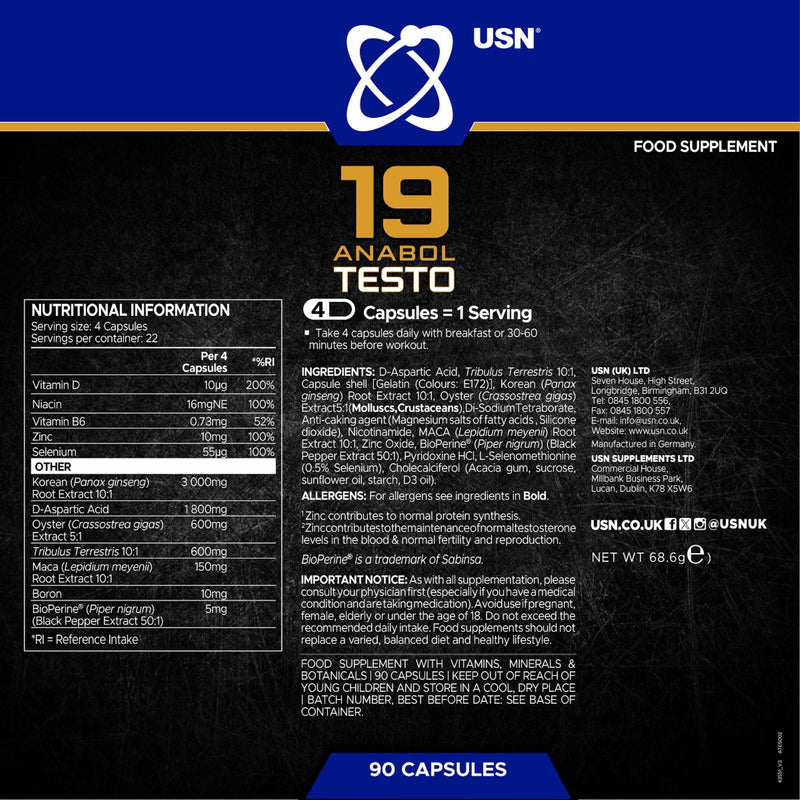 USN 19-Anabol Testo, Testosterone Supplements for Men to Boost Strength Training and Reduce Fatigue