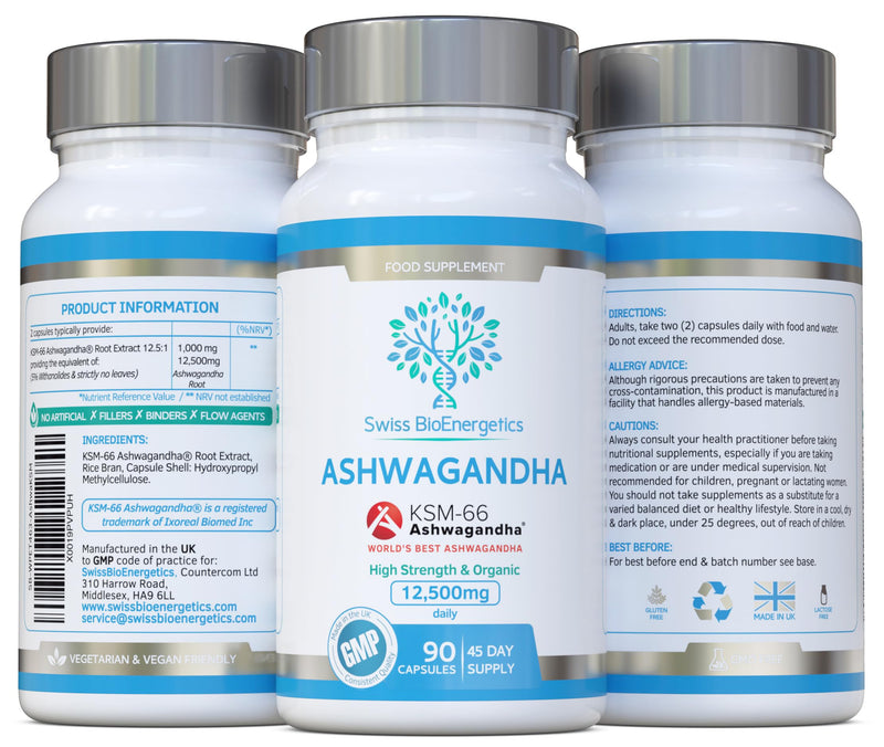 Ashwagandha KSM-66 : 12,500mg Daily Super High Strength Ashwagandha - 5% Withanolides - Equivalent 1000mg Extract - No Artificial Fillers or Binders - Organic Withania Somnifera Root - UK Made