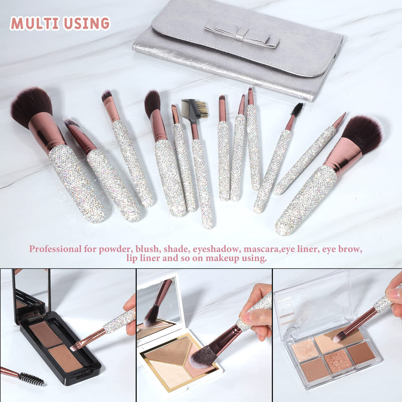 KEYPOWER Large Capacity Glitter Sequin Cosmetic Bag Black & 12PCS Makeup Brushes Bling Rhinestone White