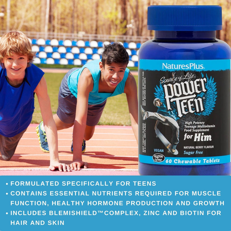 NaturesPlus Power Teen for Him - Tasty Plant Based Chewable Multi Vitamins and Minerals for Teen Boys - Vegan, Gluten Free - 60 Wild Berry Flavour Tablets