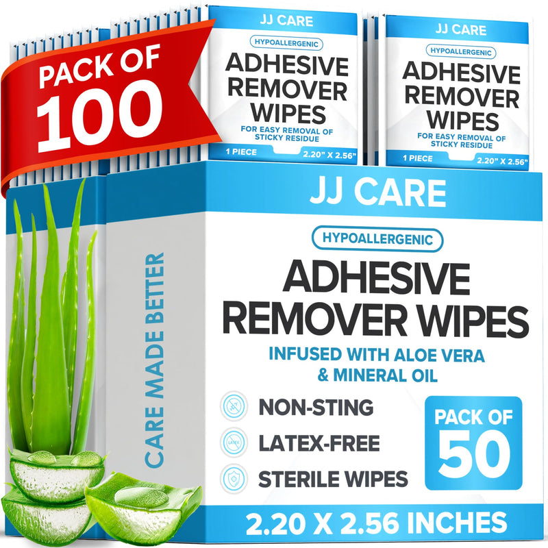 [Australia] - JJ CARE Adhesive Remover Wipes (Pack of 100) 2.2‚Äù x 2.56 Inches, Adhesive Remover for Skin, No Sting Medical Adhesive Remover, Ostomy Adhesive Remover for Sensitive Skin - Individually Packed 
