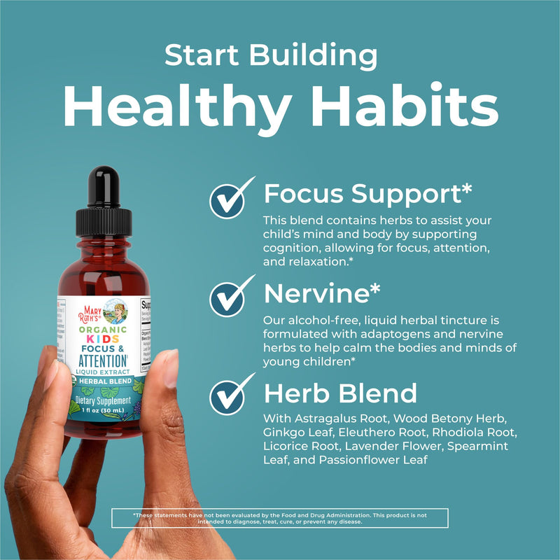 MARYRUTH'S Kids Focus & Attention Drops, USDA Organic Drops, 30 Servings | USDA Organic, Ginkgo Biloba, Rhodiola Root & Licorice Root, Adaptogenic, Vegan