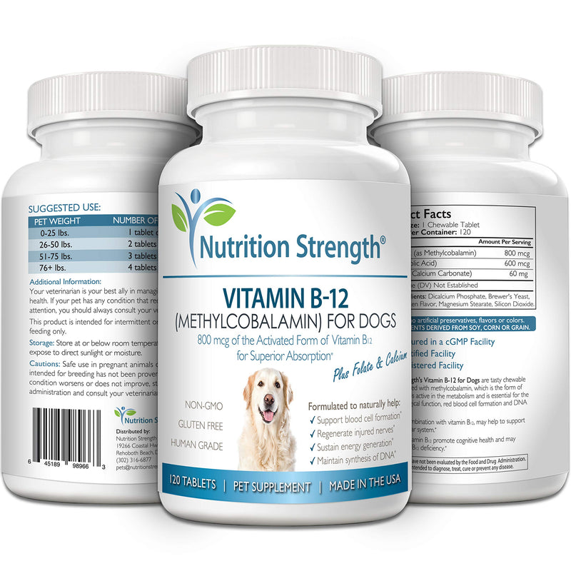 Vitamin B12 for Dogs Plus Folate & Calcium, Support the Nervous System & Blood Cell Formation, Help Sustain Cellular Energy Generation & Maintain DNA Synthesis, 120 Chewable Tablets - PawsPlanet Australia