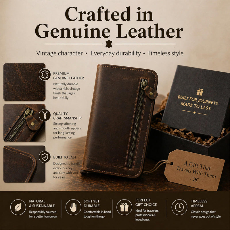 Brown Leather Passport Holder Travel Document Organizer Wallet for Family Couples with Card Slots ID Window Zipper Closure for Multi Passport Storage (5 x 9) Brown Leather Passport Holder
