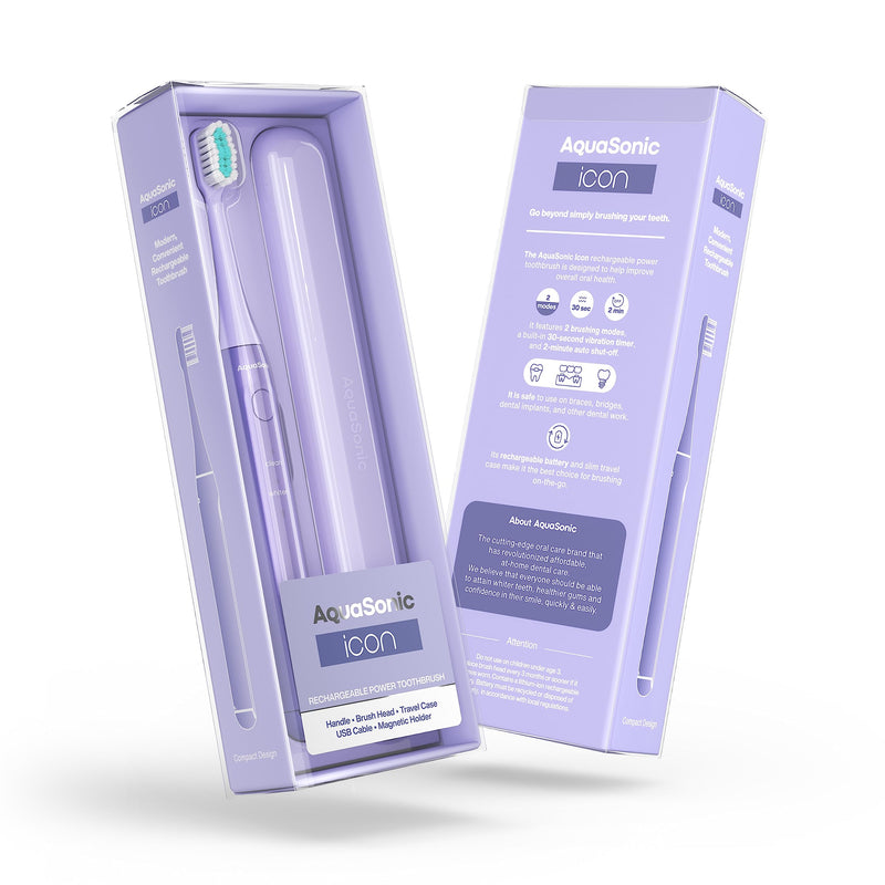 [Australia] - Aquasonic Icon ADA-Accepted Rechargeable Toothbrush | Magnetic Holder & Slim Travel Case | 2 Brushing Modes & Smart Timers | Gentle Micro-Vibrations (Lilac) Lilac 1 Count (Pack of 1) 