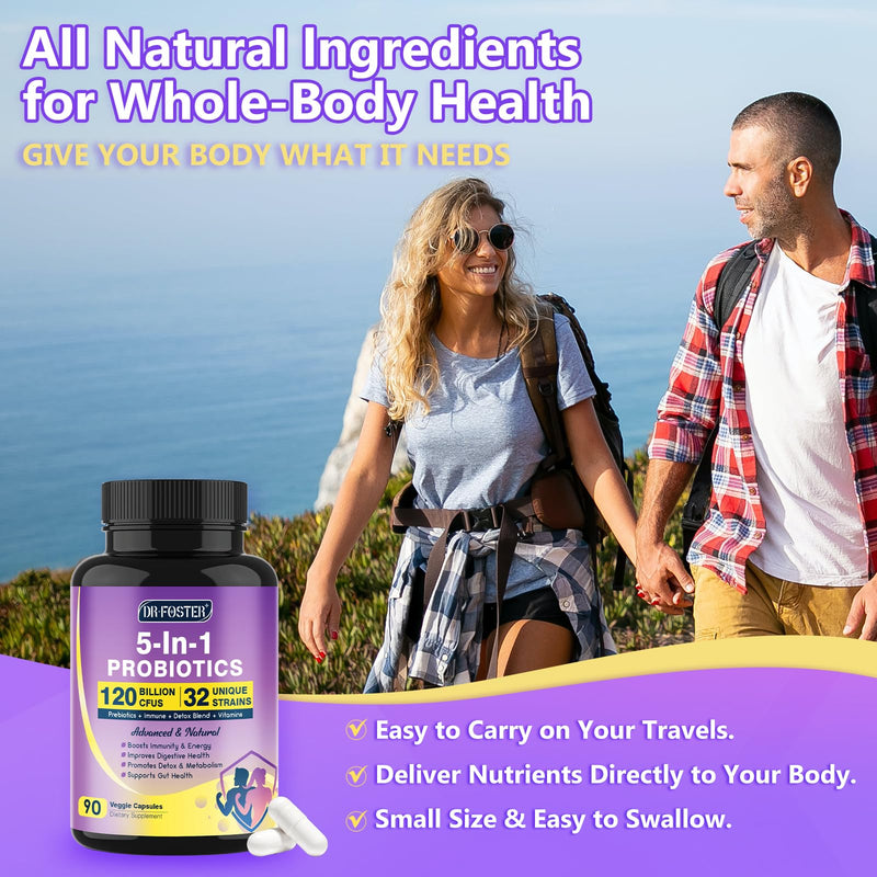 [Australia] - Probiotics for Women & Men Digestive Health，120 Billion CFUs, Prebiotics and Probiotics for Gut Health, D3, Zinc & Immune Support Herbs, Detox Cleanse, 45 Day - 3 Month Supply 90 Count (Pack of 1) 