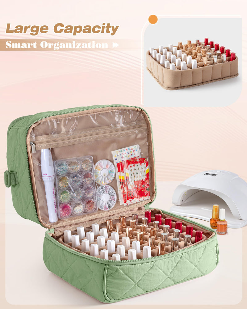 Marscamd Quilted Nail Polish Organizer Bag Holds 42 Bottles and Nail Lamp | Nail Polish Storage Case with Crossbody Straps and Multiple Pockets, Green