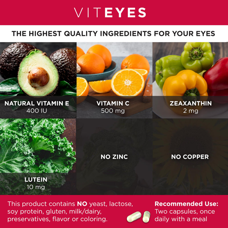 Viteyes AREDS 2 Zinc Free Macular Support, Natural Allergen Free Capsules with Vitamin E, Vitamin C, Lutein & Zeaxanthin, No Zinc, No Copper, Eye Doctor Trusted, Manufactured in the USA, 180 Ct 180 Count (Pack of 1)