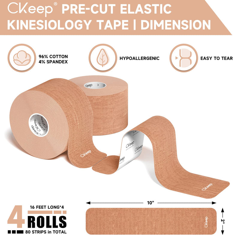 [Australia] - 4 Rolls Kinesiology Tape, Original Cotton Elastic Athletic Tape, 20 Precut 10" Strips Each, Beige, Ideal for Muscle Support & Injury Prevention 