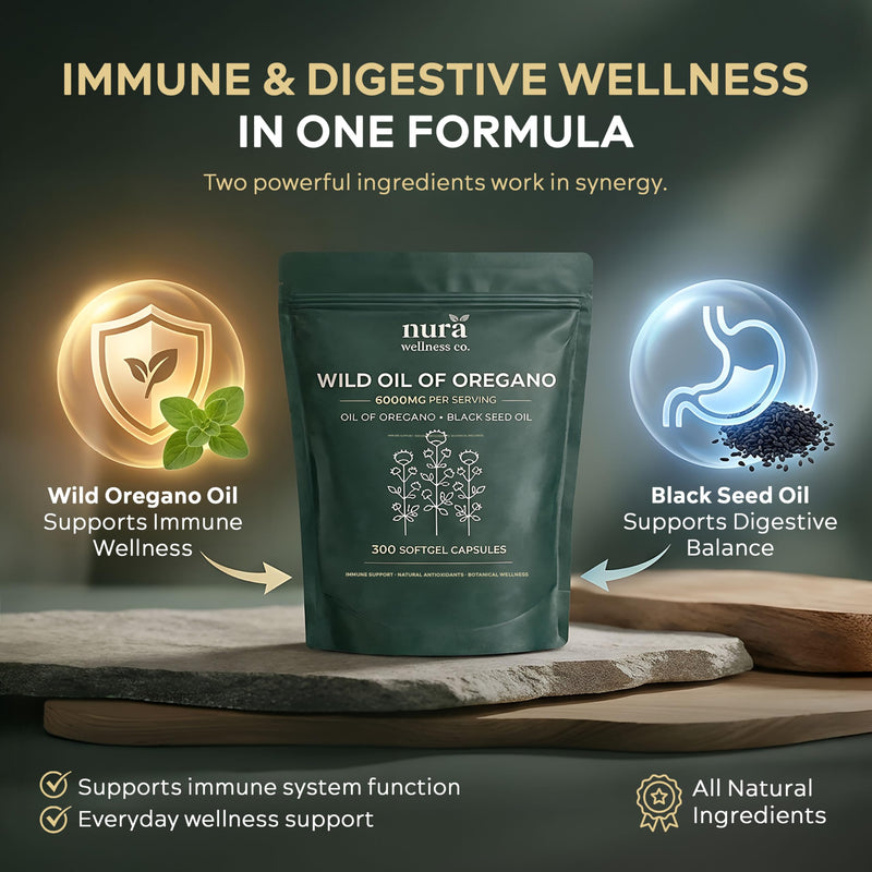 Wild Oregano Oil 6000mg with Black Seed Oil Capsules Herbies - 300 Vegan Softgels (150 Day Supply) - Potent Immune Support & Gut Health Supplement
