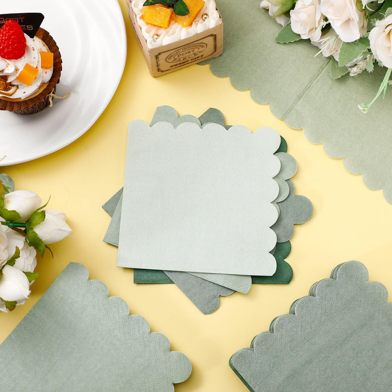 [Australia] - 100 Pack Cocktail Napkins 5 x 5 Inch Scalloped Napkins Beverage Napkins Gradient Color Paper Napkins with Scalloped Edges Thick Disposable Luncheon Napkins for Party Supplies (Sage Green) Sage Green 