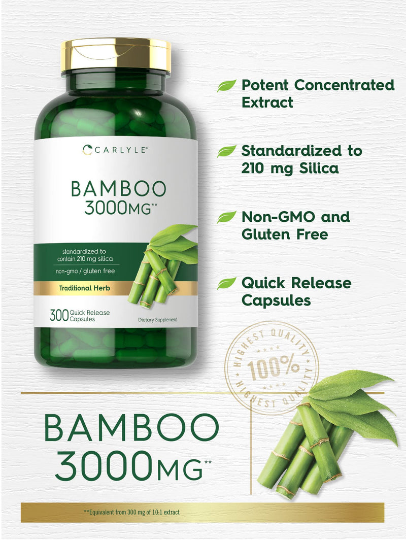 Carlyle Bamboo Extract Capsules | 3000mg | 300 Count | 210mg Silica | Non-GMO, Gluten Free Supplement