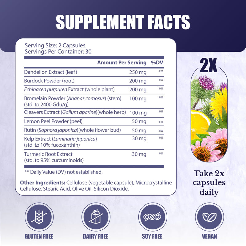 [Australia] - Lymph MD - Lymphatic System Supplement with 9 Botanicals - Dandelion, Burdock, Echinacea, Lemon & More - Supplements for Men and Women - 60 capsules 