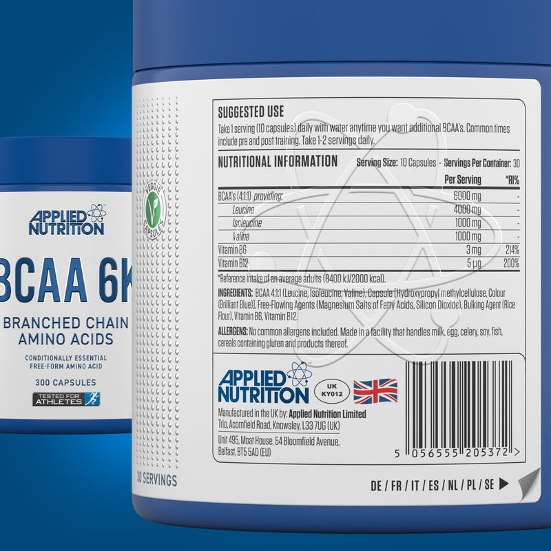Applied Nutrition BCAA 6K (4:1:1) – 6000mg Branched Chain Amino Acids per Serving - Leucine, Isoleucine & Valine, for Endurance, Performance & Recovery 300 Vegan Capsules (30 Servings)