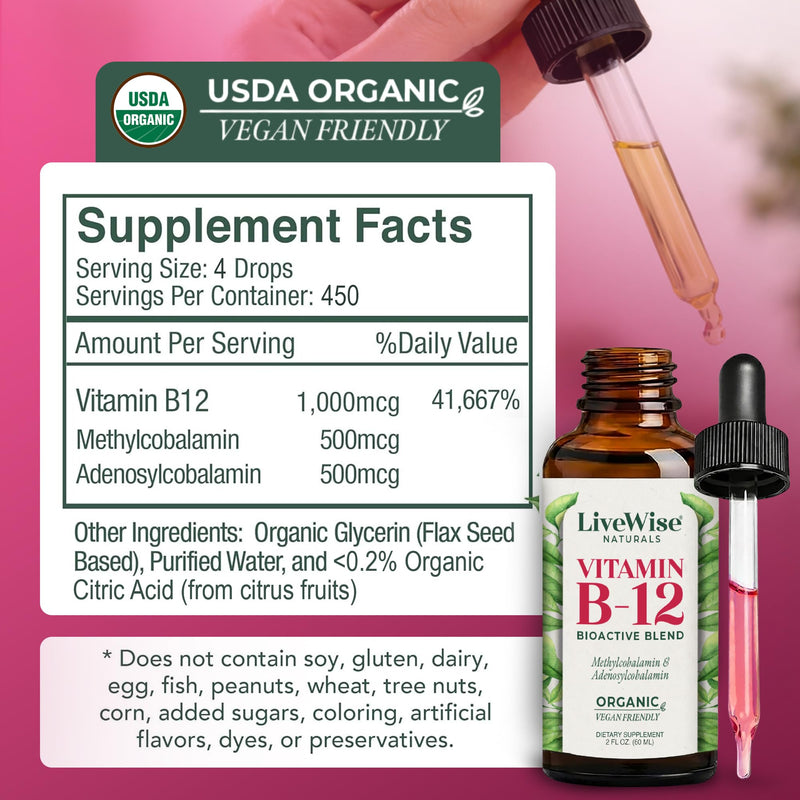 Organic Vitamin B12 1000 mcg Sublingual Liquid Drops, Unflavored, 2 oz | Methylcobalamin & Adenosylcobalamin, Bioactive Blend for Energy, Clarity & Focus, Vegan, Non-GMO, For Adults, 1 Year+ Supply Unflavored - For Adults 2 Fl Oz (Pack of 1)