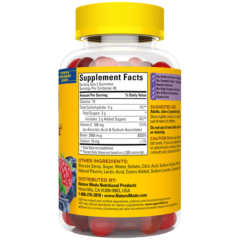 Nature Made Hair Skin and Nails with Biotin 2500 mcg, 90 Gummies | Dietary Supplement for Healthy Hair, Skin & Nails Support, Vitamin C Helps Make Collagen for Healthy Skin, 45 Day Supply Mixed Berry, Cranberry & Blueberry 90 Count (Pack of 1)