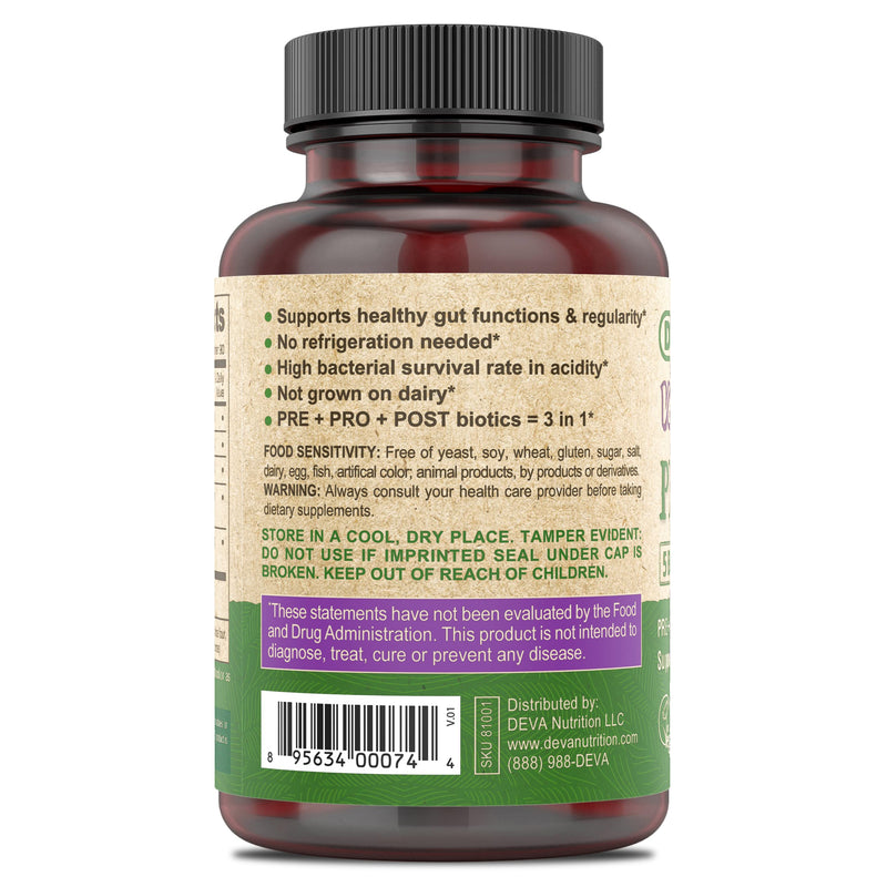 DEVA Vegan Probiotic Supplement - Pre, Pro, and Postbiotics for Digestive Health, 5 Billion CFU, Soil-Based, Spore-Forming, Dairy Free, FOS Prebiotics, for Women and Men, Vegan Capsules, 90 Count 90 Count (Pack of 1)